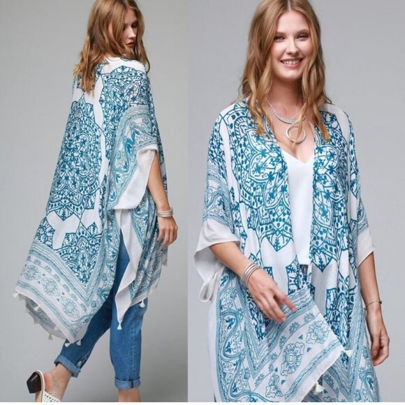 Ruggine OSFA Navy & White Gauzy oversized kimono Boho Chic Cover Up Beach - Picture 10 of 12